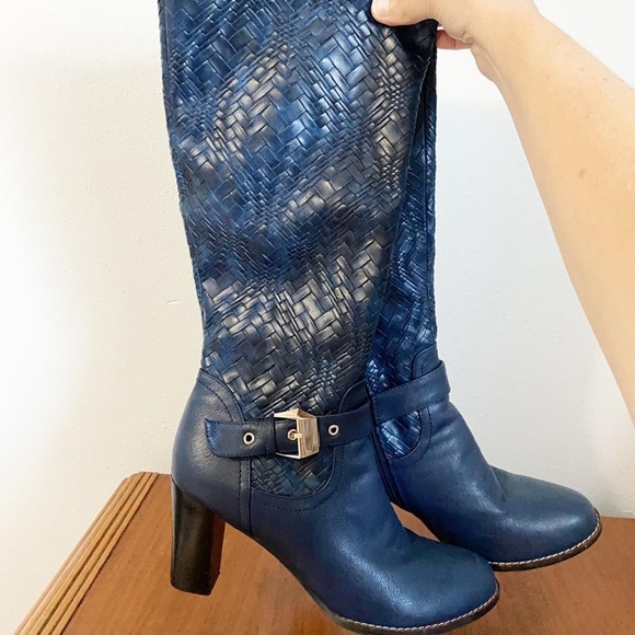 Navy Woven Heeled Rider Boots - Picture 2 of 7